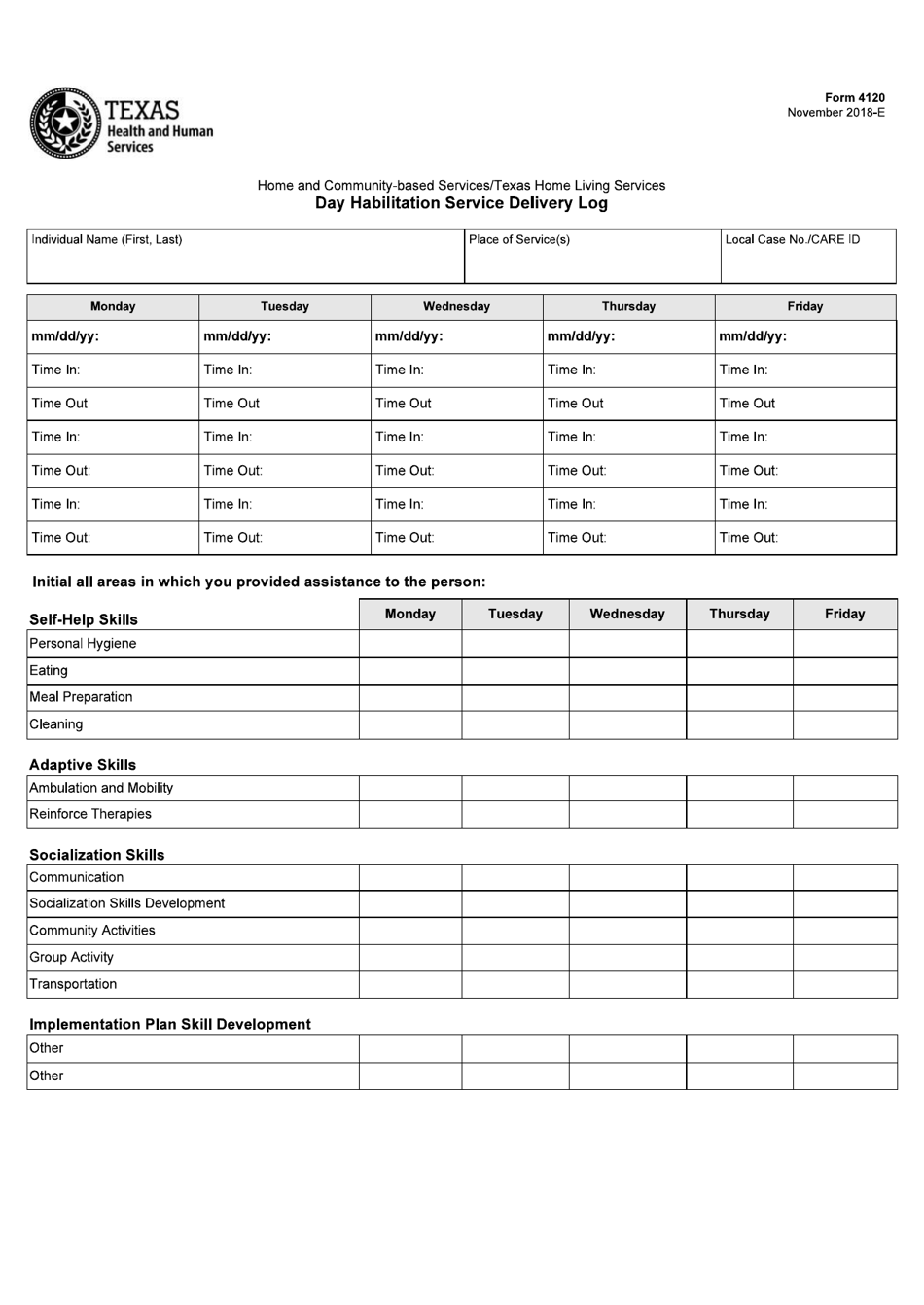 Form 4120 Day Habilitation Service Delivery Log - Texas, Page 1