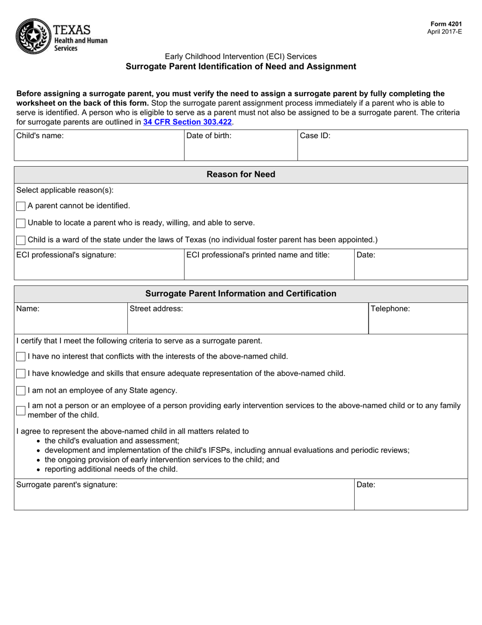 Form 4201 Surrogate Parent Identification of Need and Assignment - Texas, Page 1