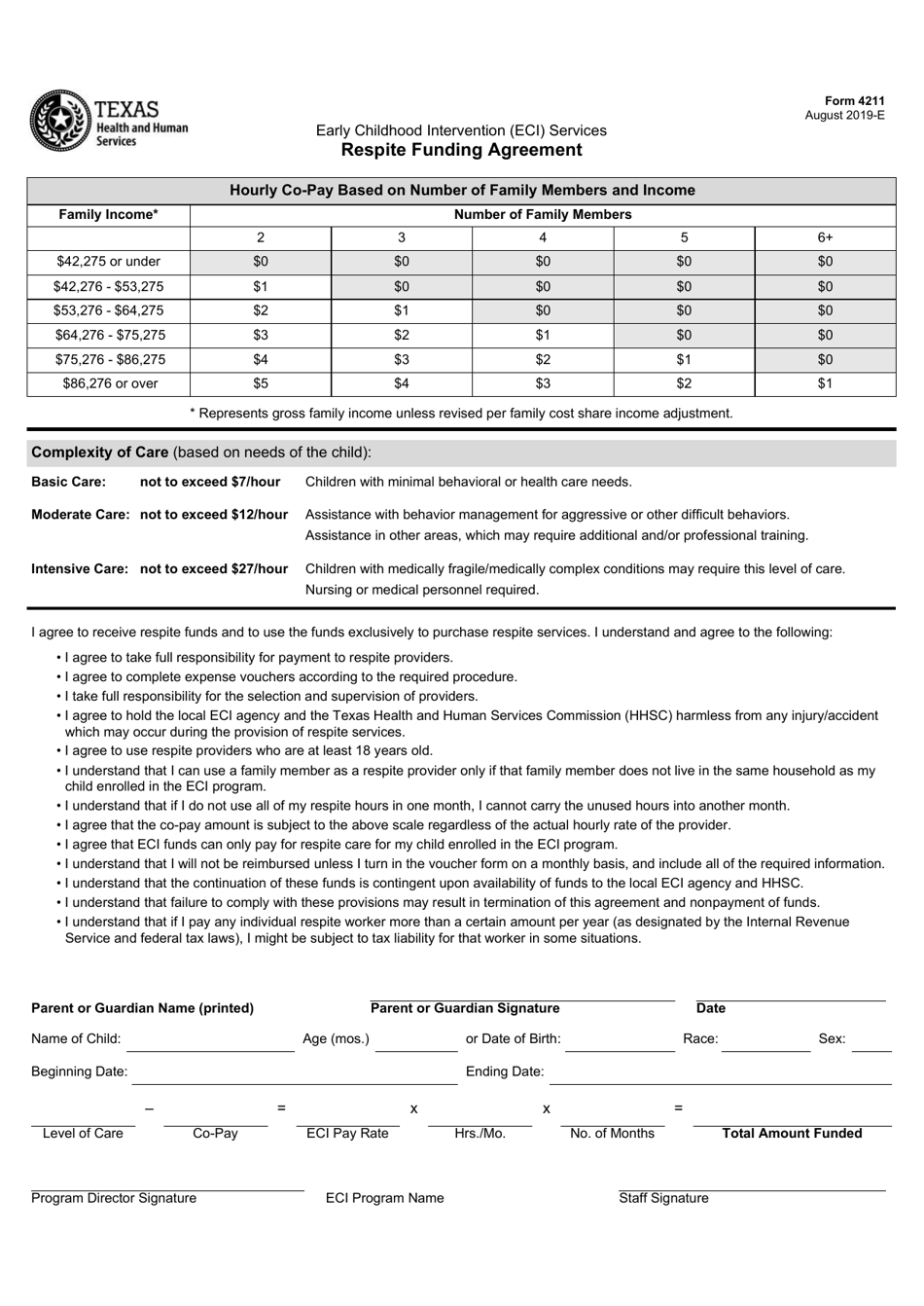 Form 4211 Respite Funding Agreement - Texas, Page 1