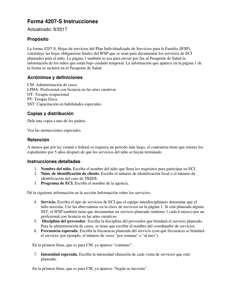 Instrucciones para Formulario 4207-S Registro De Servicios Del Plan Individualizado De Servicios Para La Familia (Ifsp) - Texas (Spanish), Page 1