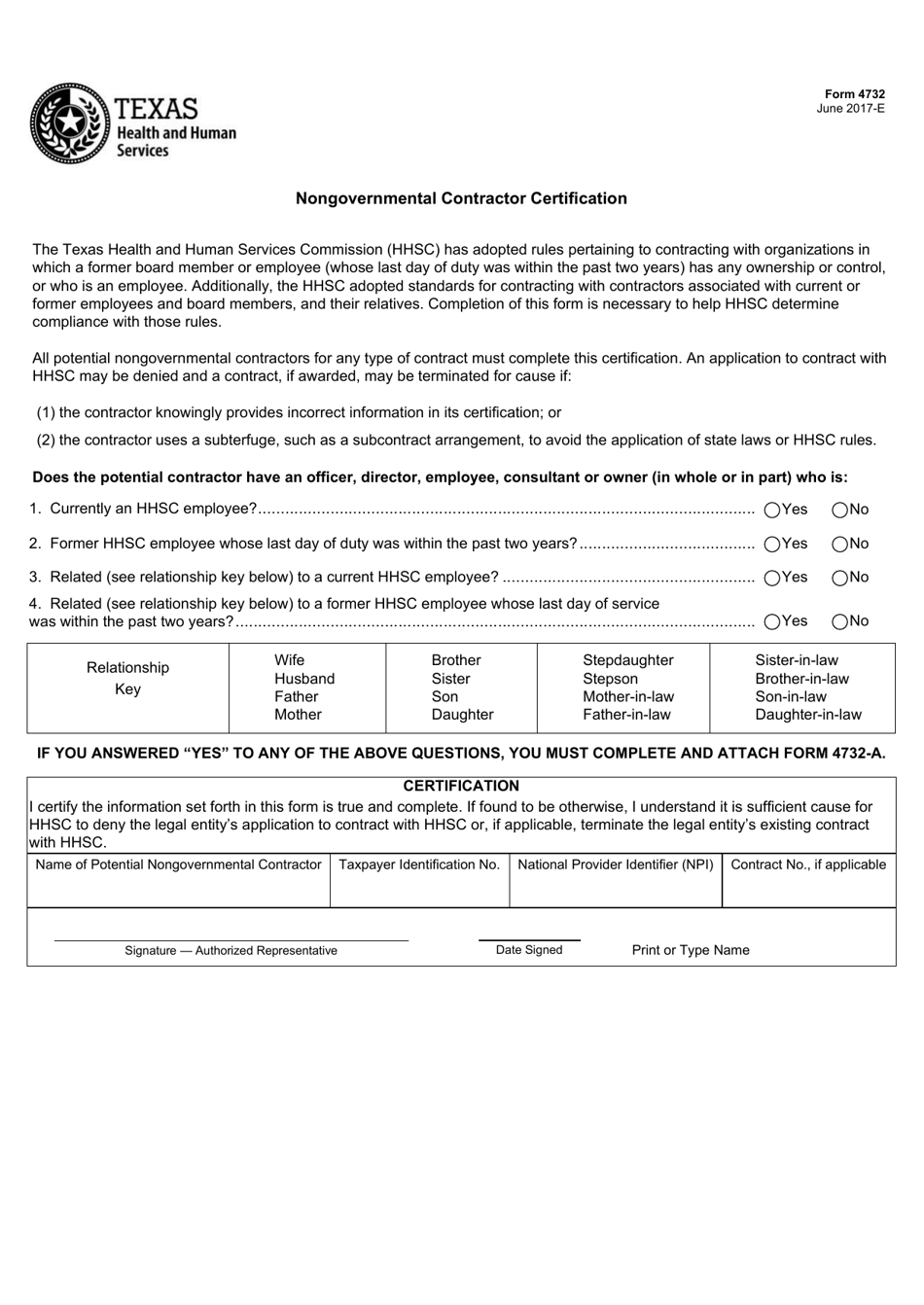 Form 4732 Nongovernmental Contractor Certification - Texas, Page 1