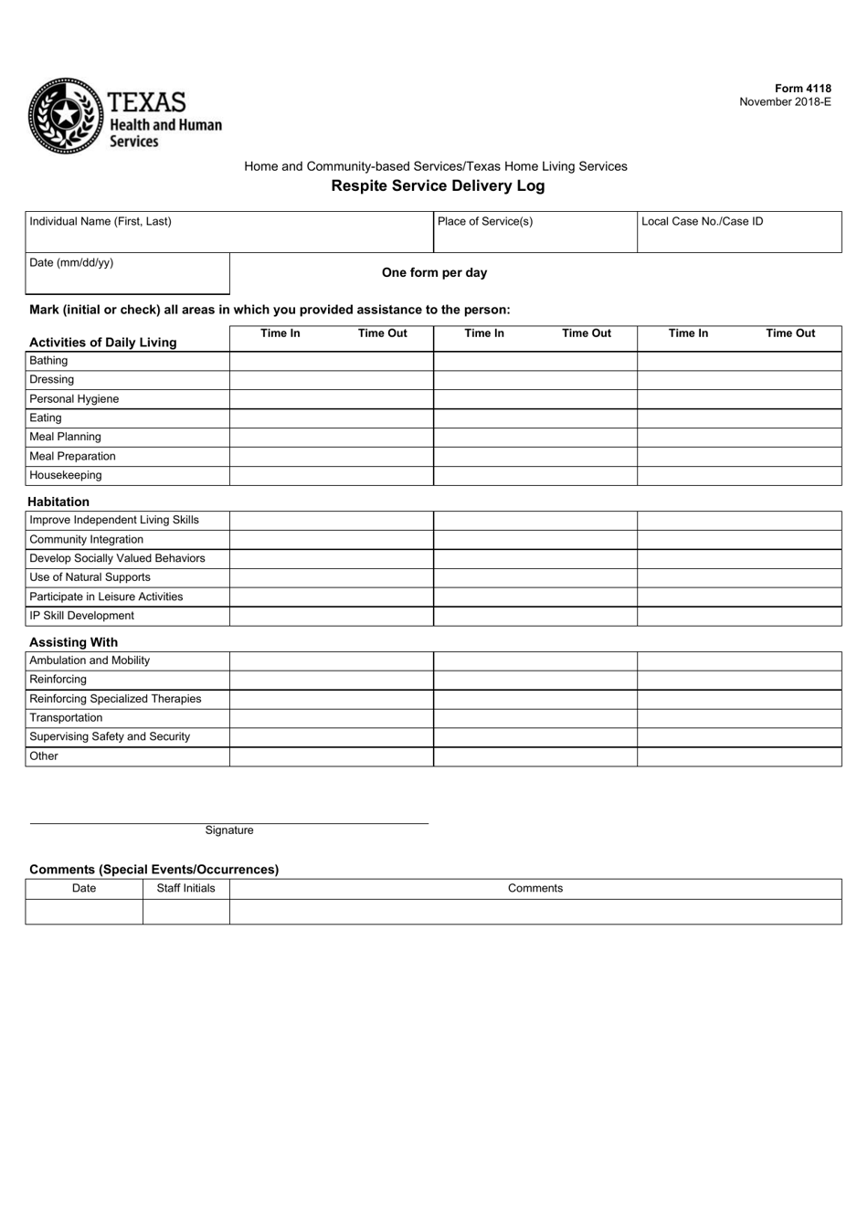 Form 4118 Respite Service Delivery Log - Texas, Page 1