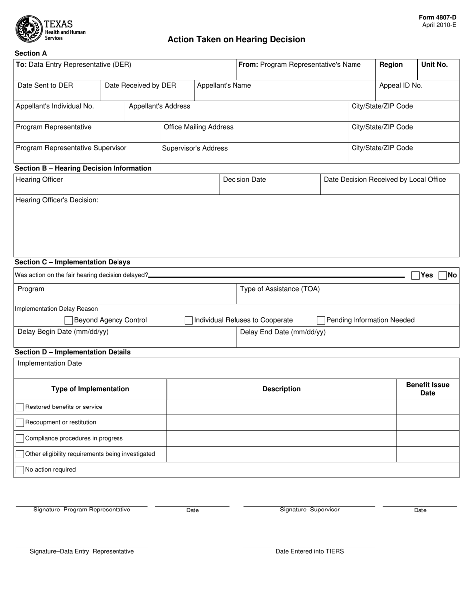 Form 4807-D Action Taken on Hearing Decision - Texas, Page 1