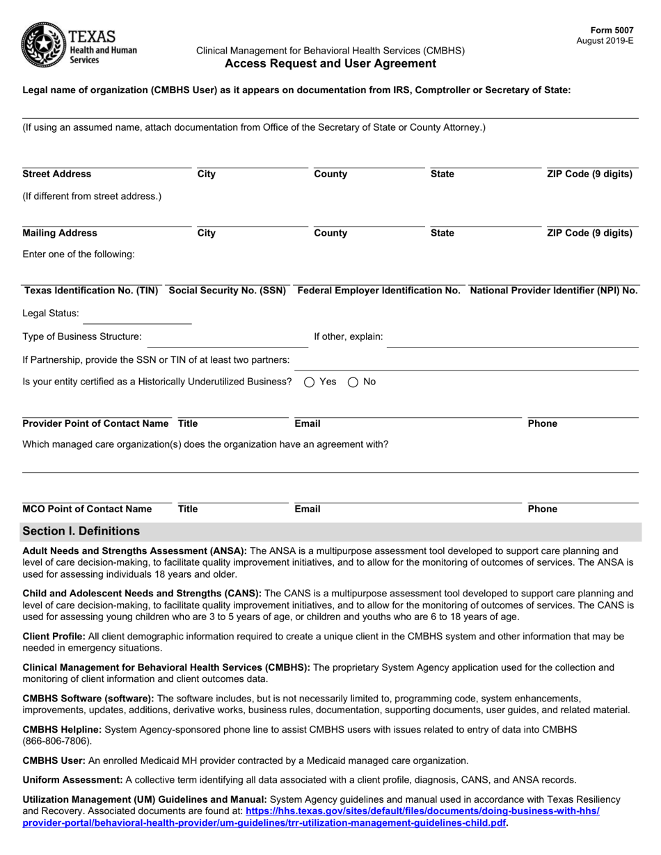 Form 5007 Access Request and User Agreement - Texas, Page 1