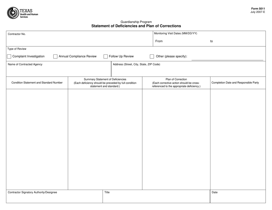 Form 5011 Statement of Deficiencies and Plan of Corrections - Texas, Page 1