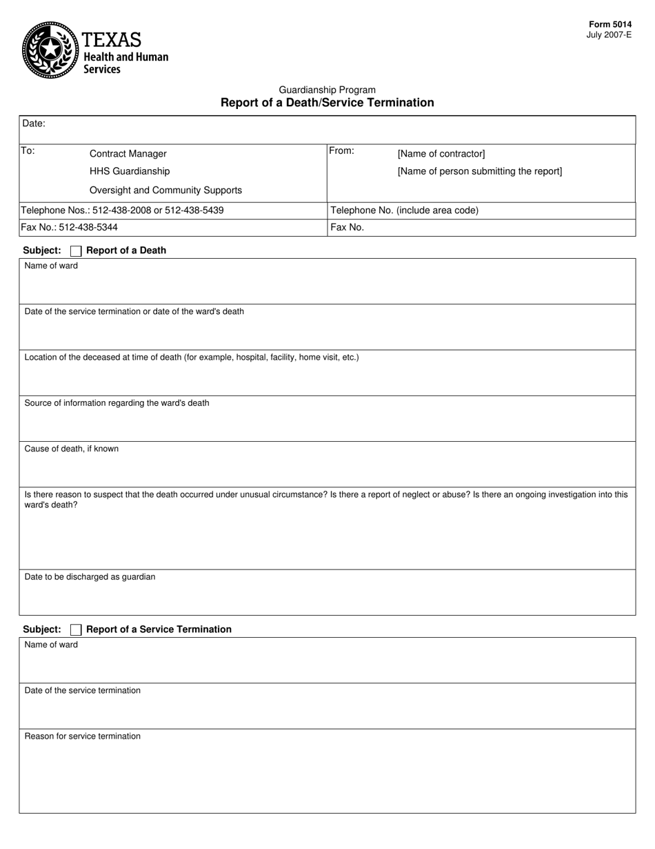 Form 5014 Report of a Death / Service Termination - Texas, Page 1