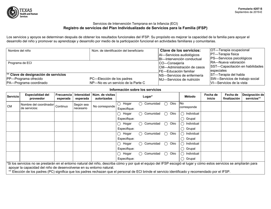 Formulario 4207-S Registro De Servicios Del Plan Individualizado De Servicios Para La Familia (Ifsp) - Texas (Spanish), Page 1