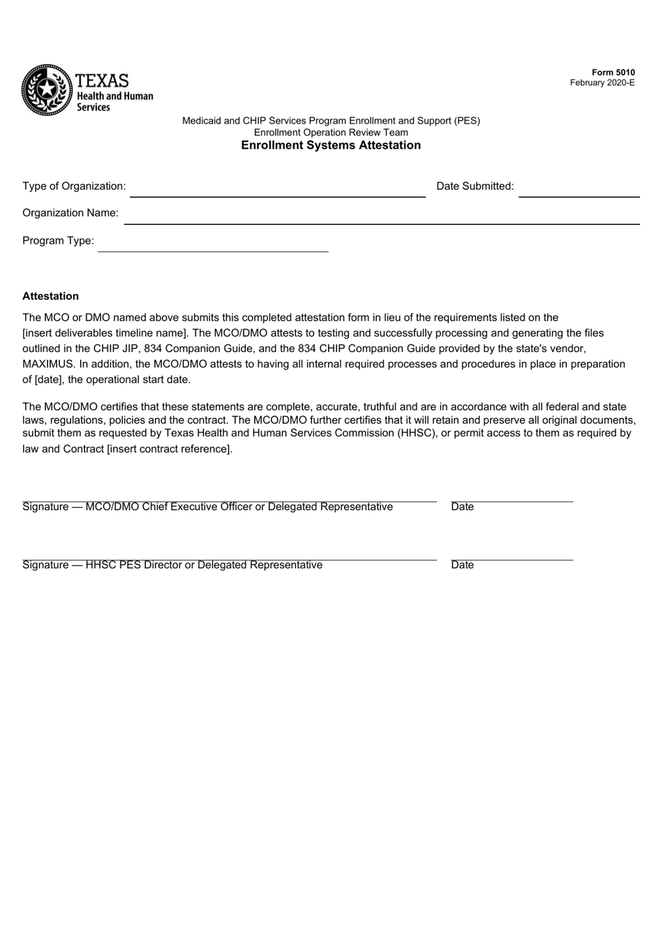 Form 5010 Enrollment Systems Attestation - Texas, Page 1