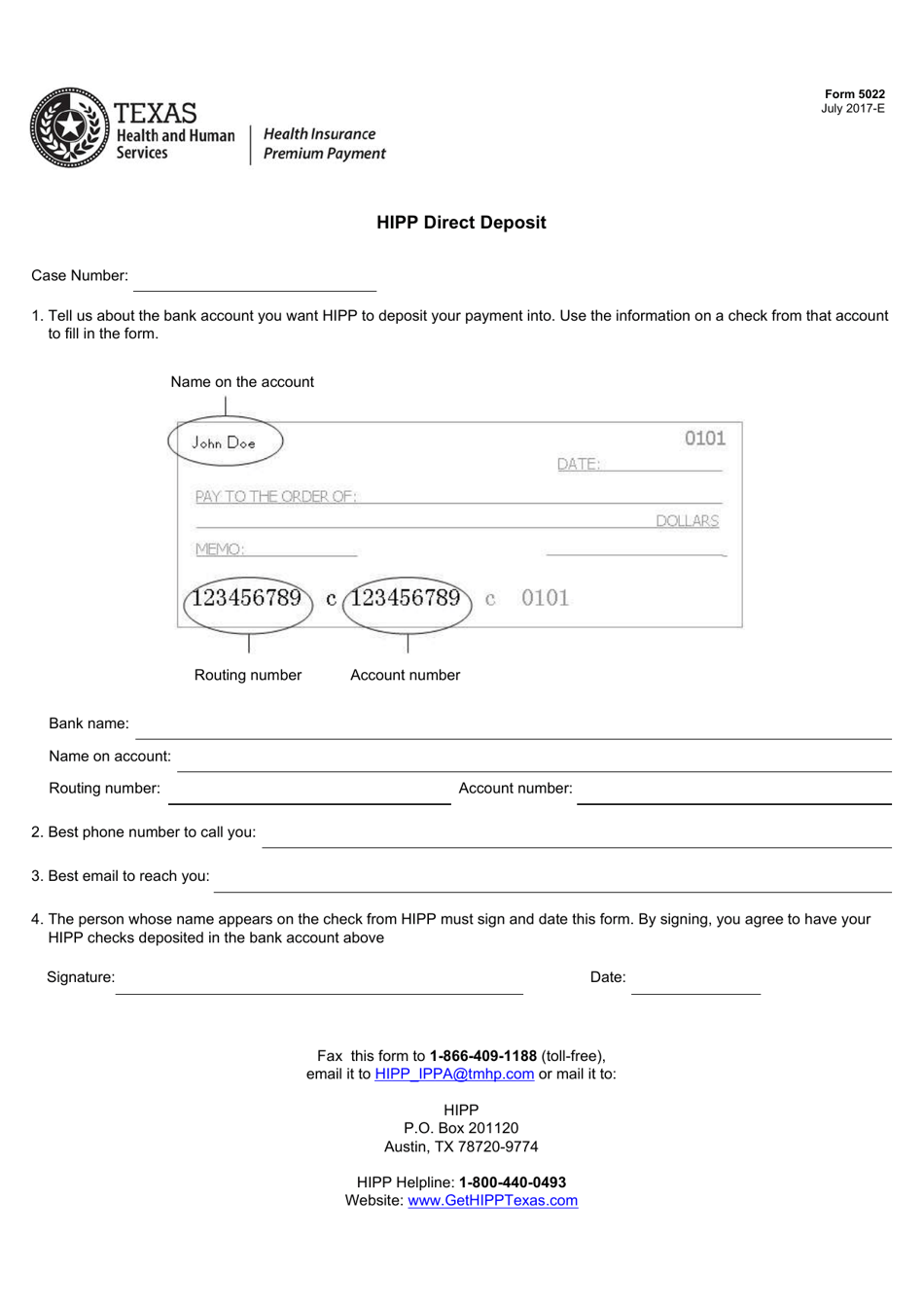 Form 5022 HIPP Direct Deposit - Texas, Page 1