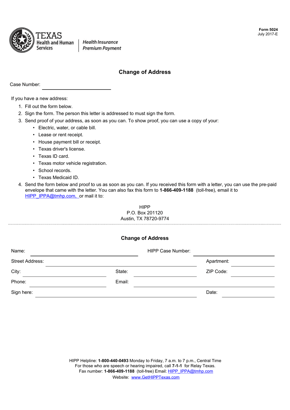 Form 5024 Change of Address - Texas, Page 1