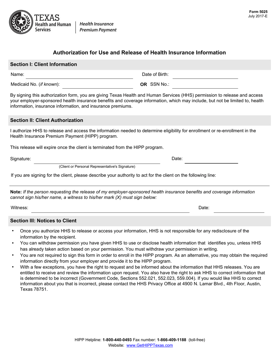 Form 5025 Authorization for Use and Release of Health Insurance Information - Texas, Page 1