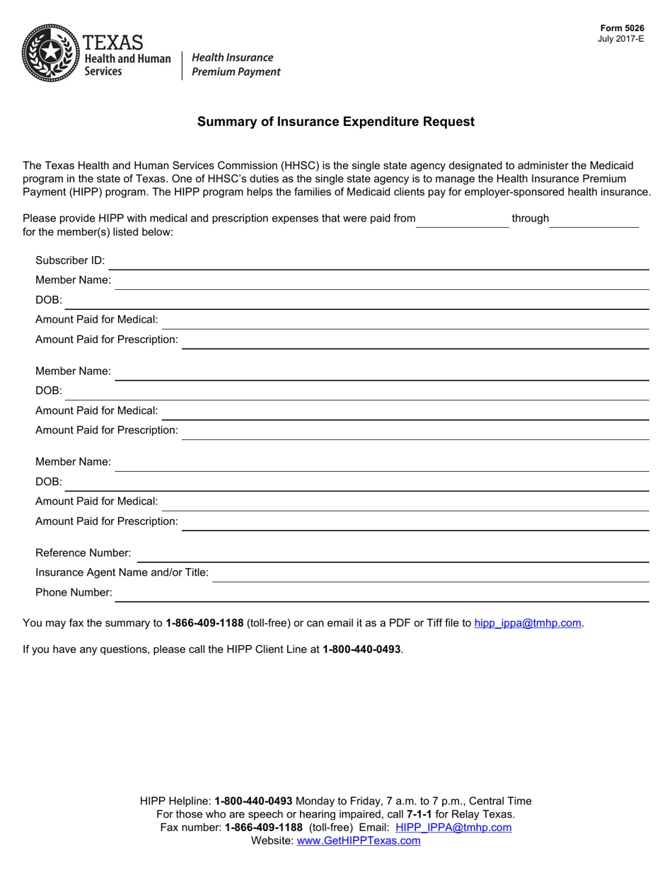 Form 5026 Summary of Insurance Expenditure Request - Texas, Page 1