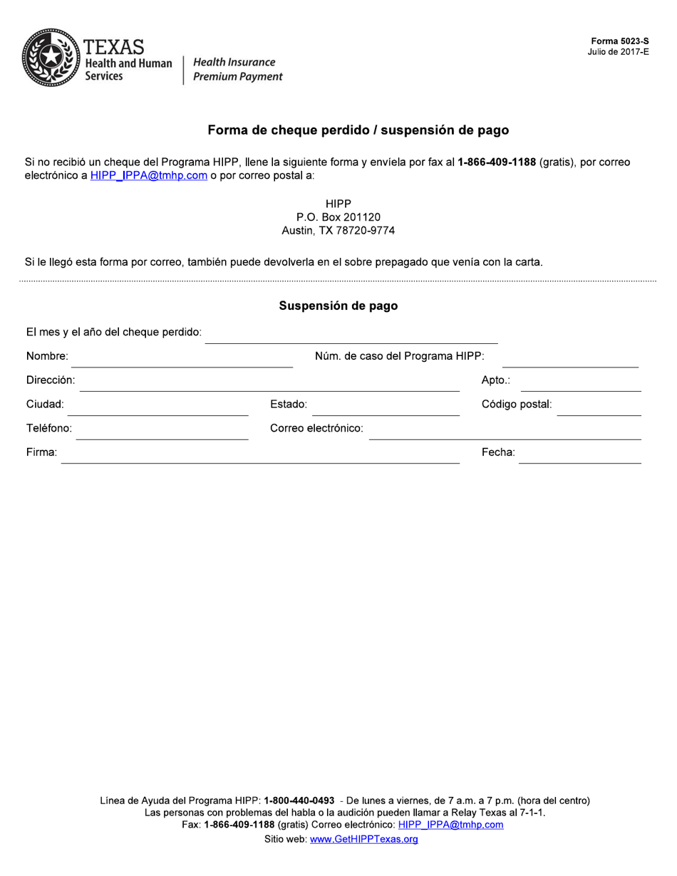 Formulario 5023-S Forma De Cheque Perdido / Suspension De Pago - Texas (Spanish), Page 1