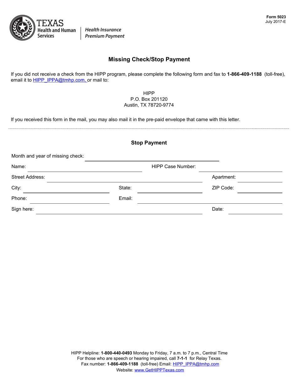 Form 5023 Missing Check / Stop Payment - Texas, Page 1