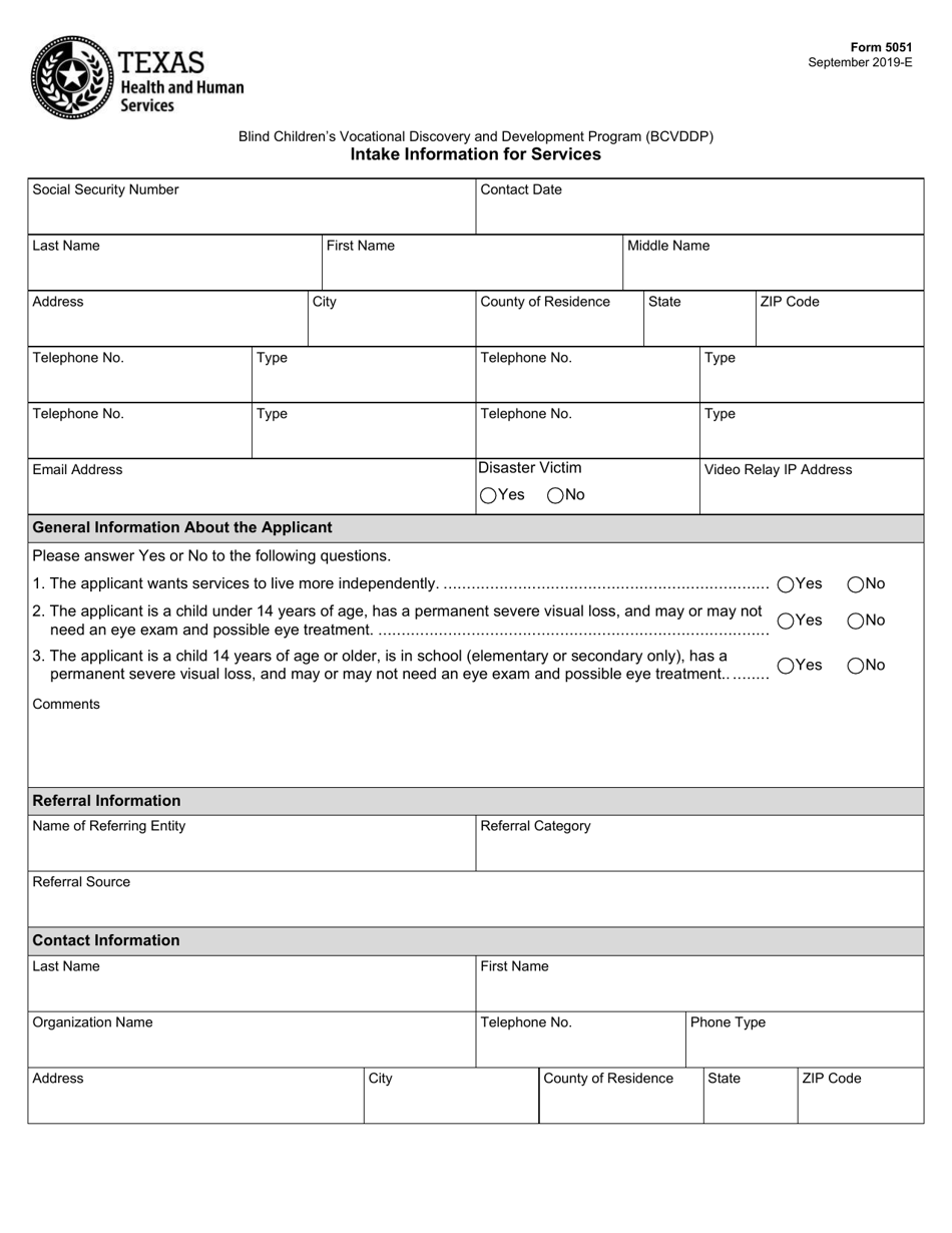 Form 5051 Blind Childrens Vocational Discovery and Development Program (Bcvddp) Application for Services - Texas, Page 1