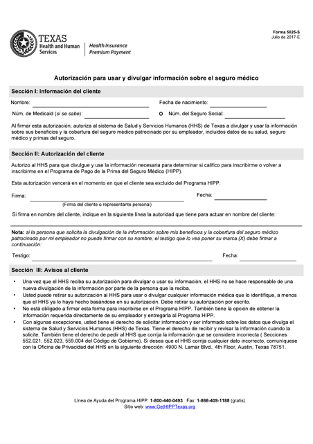 Document preview: Formulario 5025-S Autorizacion Para USAR Y Divulgar Informacion Sobre El Seguro Medico - Texas (Spanish)