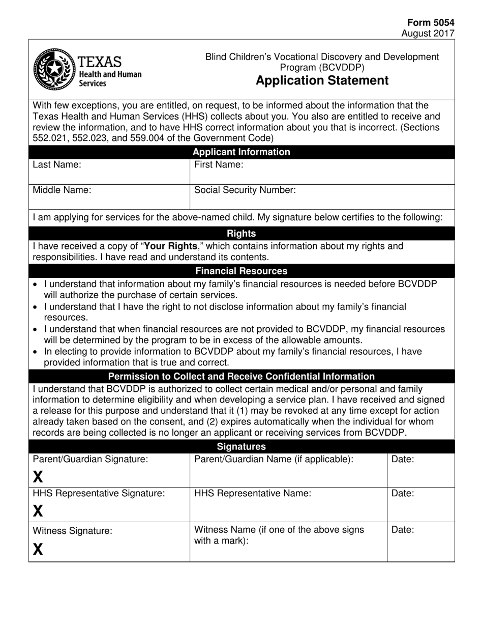 Form 5054 Application Statement - Texas, Page 1