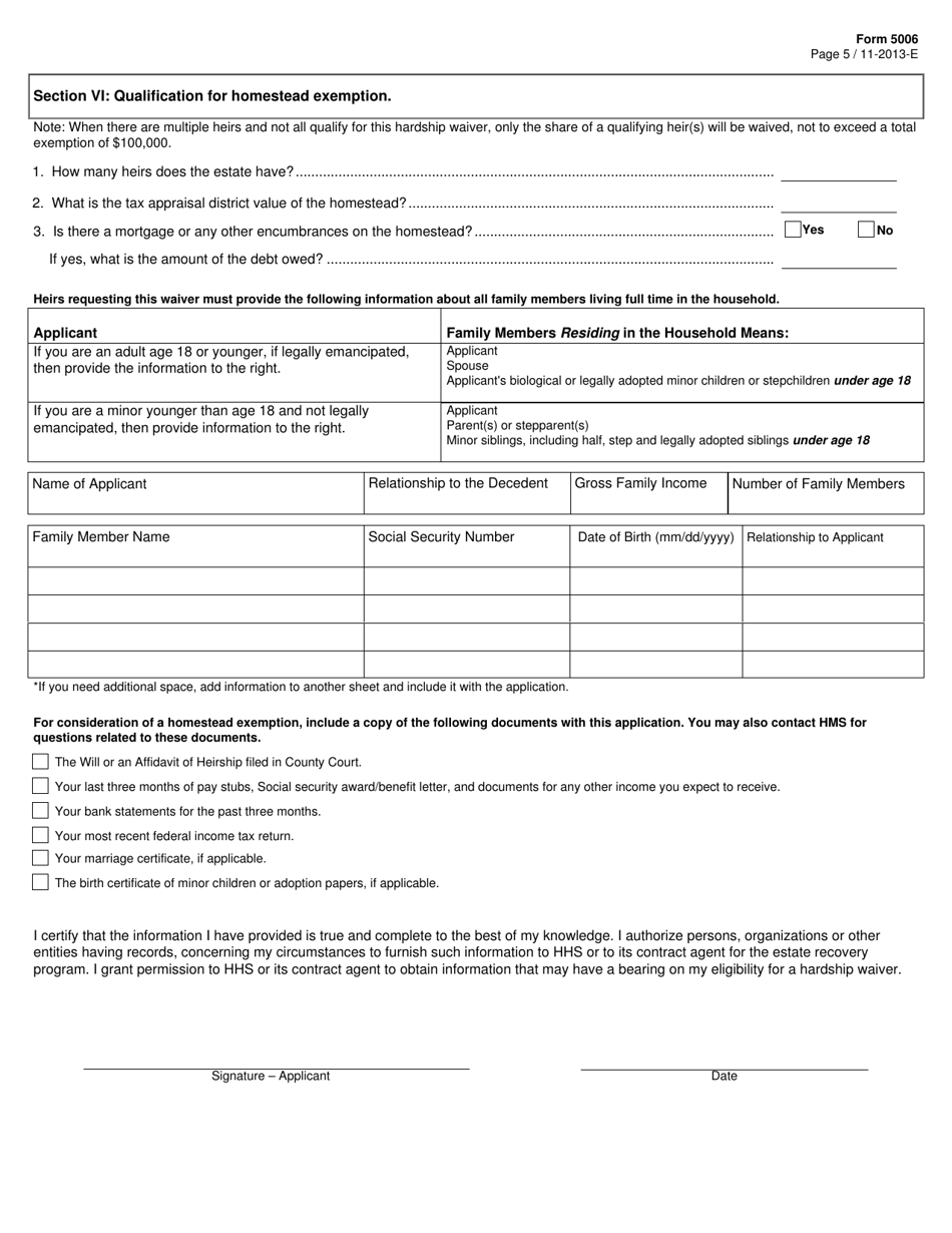 Form 5006 Hardship Waiver Application - Texas, Page 5