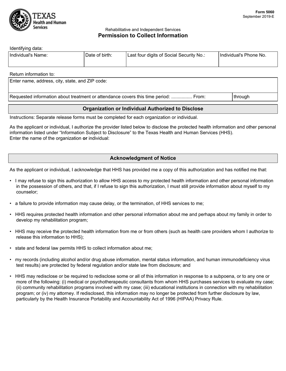 Form 5060 Permission to Collect Information - Texas, Page 1