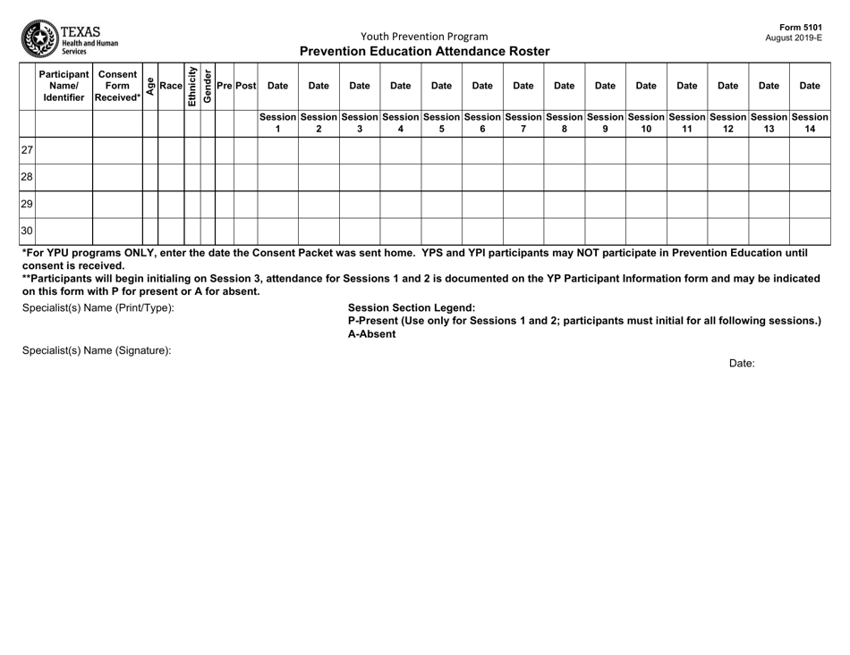 Form 5101 Prevention Education Attendance Roster - Texas, Page 3