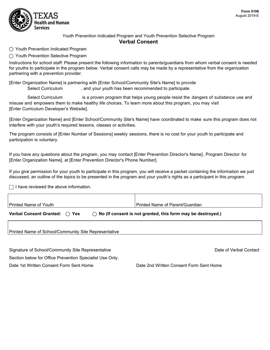 Form 5106 Youth Prevention Indicated and Youth Prevention Selective Verbal Consent - Texas, Page 1