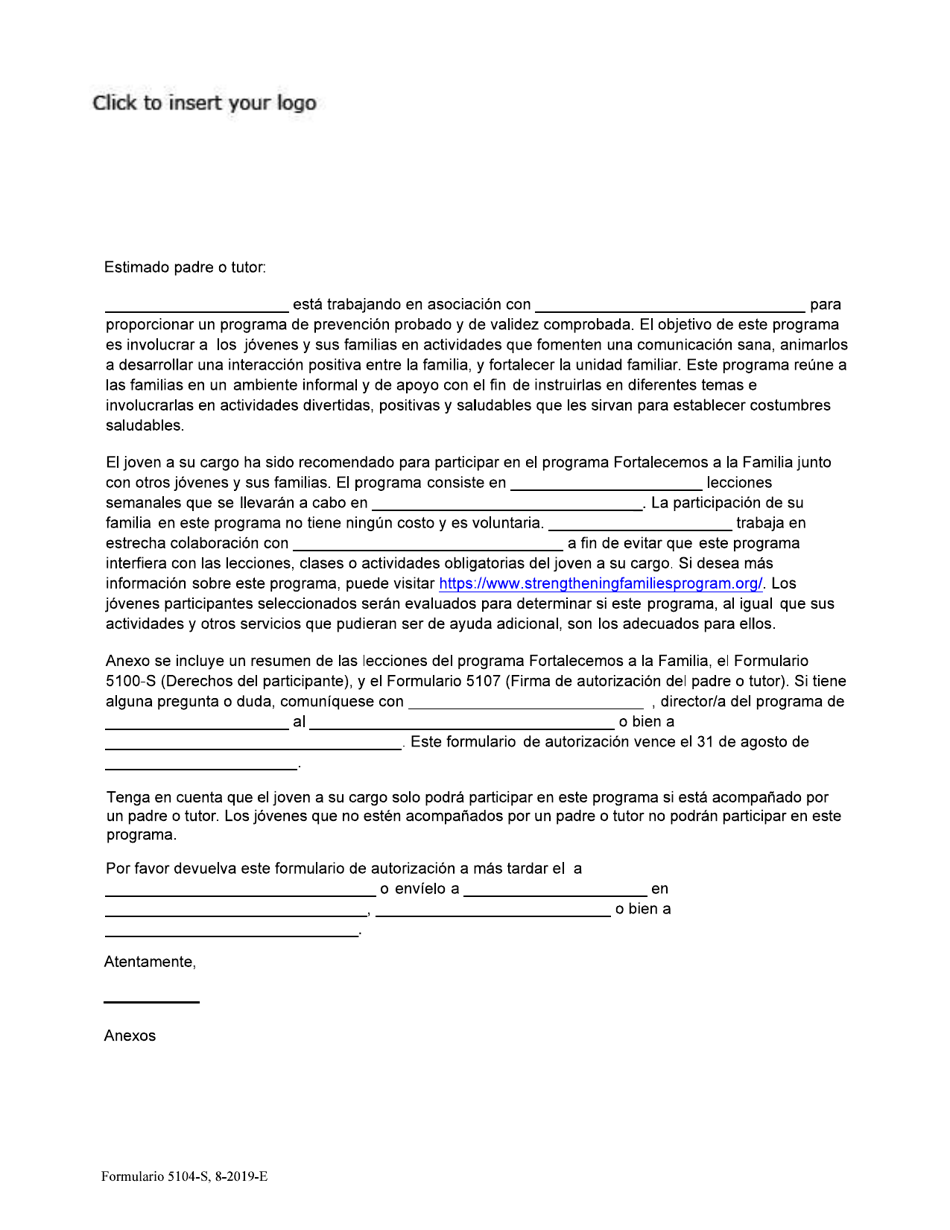 Formulario 5104-S Youth Prevention Indicated Family Focused Program Participation Letter - Texas (Spanish), Page 1