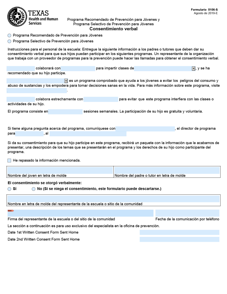 Formulario 5106-S Consentimiento Verbal - Texas (Spanish), Page 1