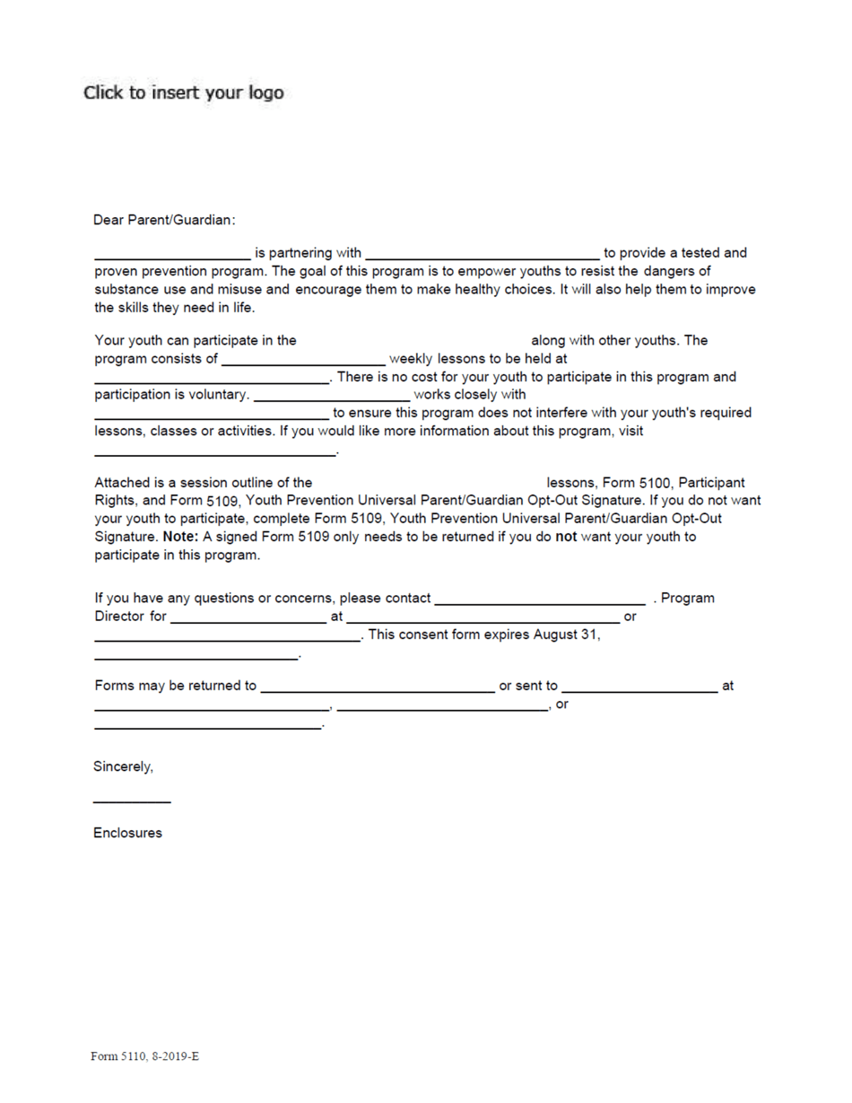 Form 5110 Youth Prevention Universal Program Participation Letter - Texas, Page 1