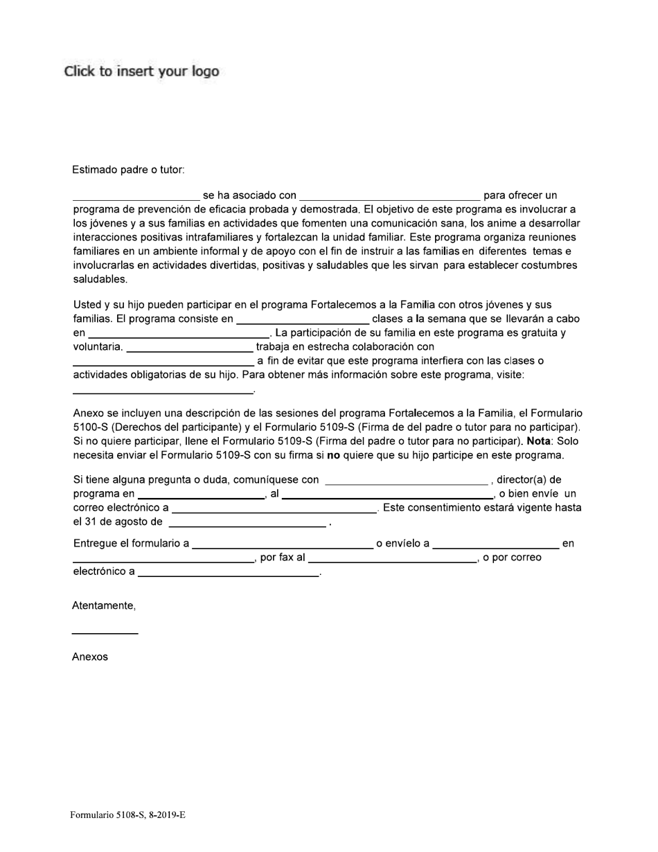 Formulario 5108-S Youth Prevention Universal Family Focused Participation Letter - Texas (Spanish), Page 1
