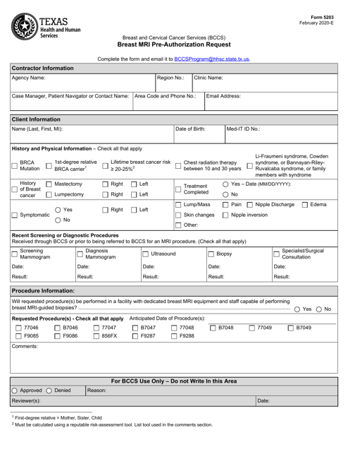 Form 5203 Breast Mri Pre-authorization Request - Texas