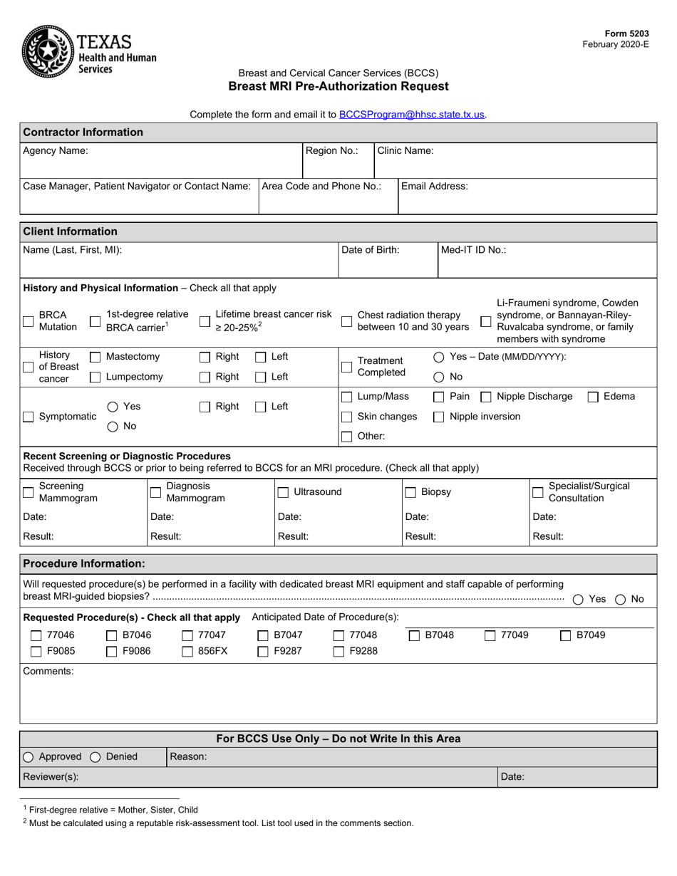 Form 5203 Breast Mri Pre-authorization Request - Texas, Page 1