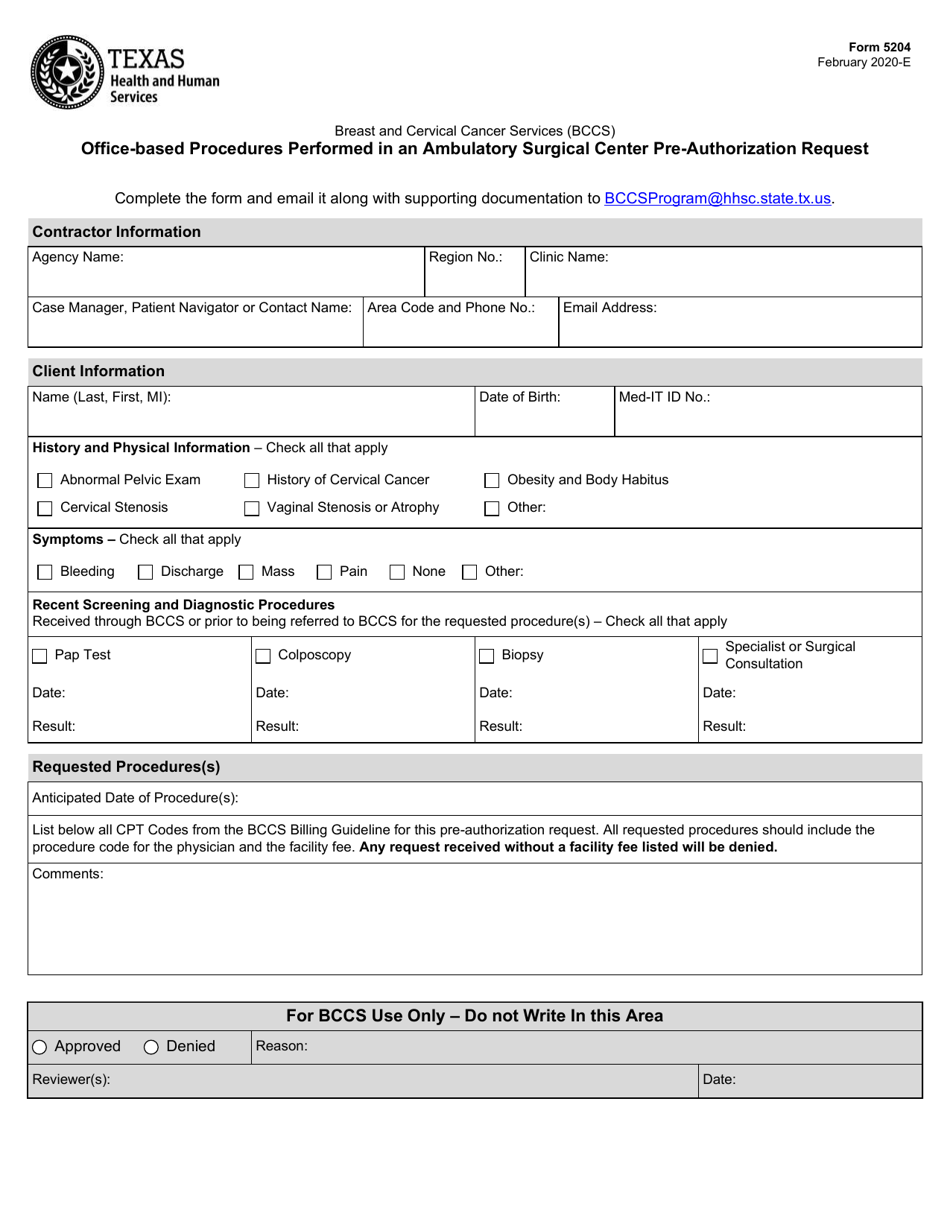 Form 5204 Office-Based Procedures Performed in an Ambulatory Surgical Center Pre-authorization Request - Texas, Page 1