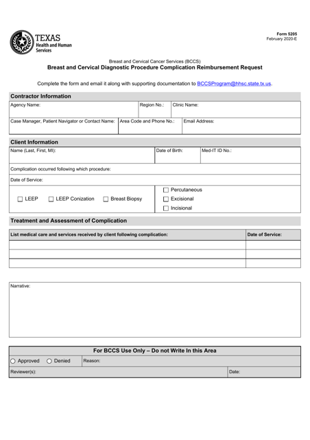 Form 5205 Breast and Cervical Diagnostic Procedure Complication Reimbursement Request - Texas