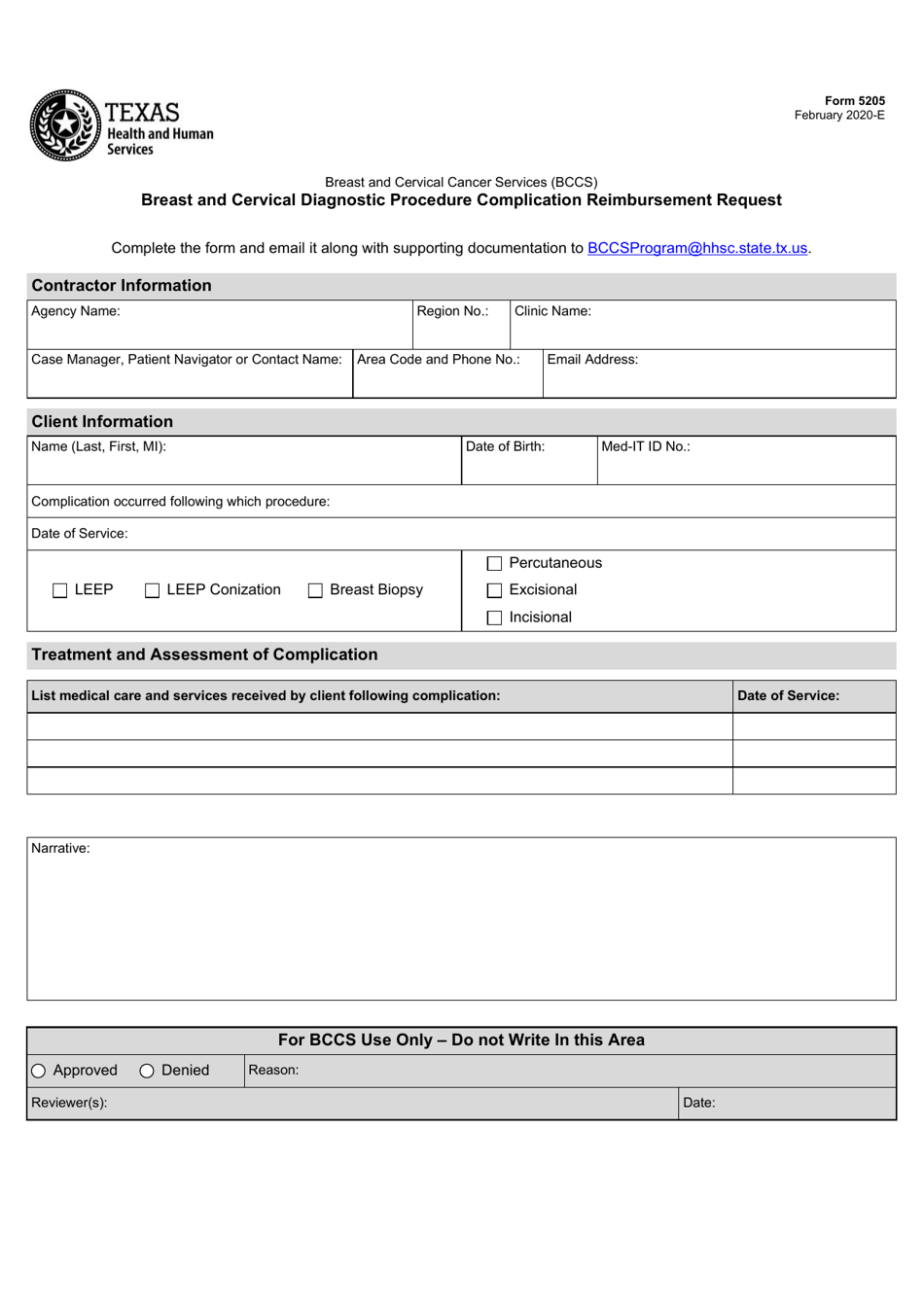 Form 5205 Breast and Cervical Diagnostic Procedure Complication Reimbursement Request - Texas, Page 1
