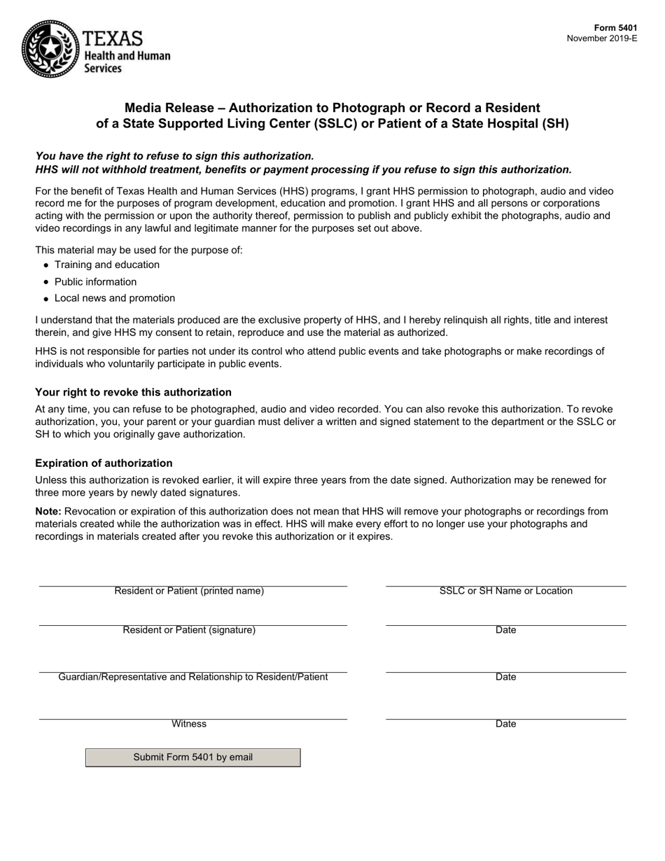 Form 5401 Media Release - Authorization to Photograph or Record a Resident of a State Supported Living Center (Sslc) or Patient of a State Hospital (Sh) - Texas, Page 1