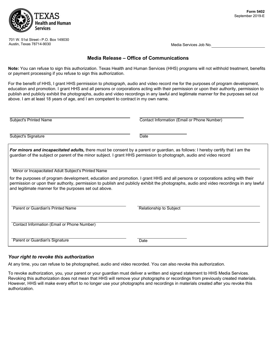 Form 5402 Media Release - Office of Communications - Texas, Page 1