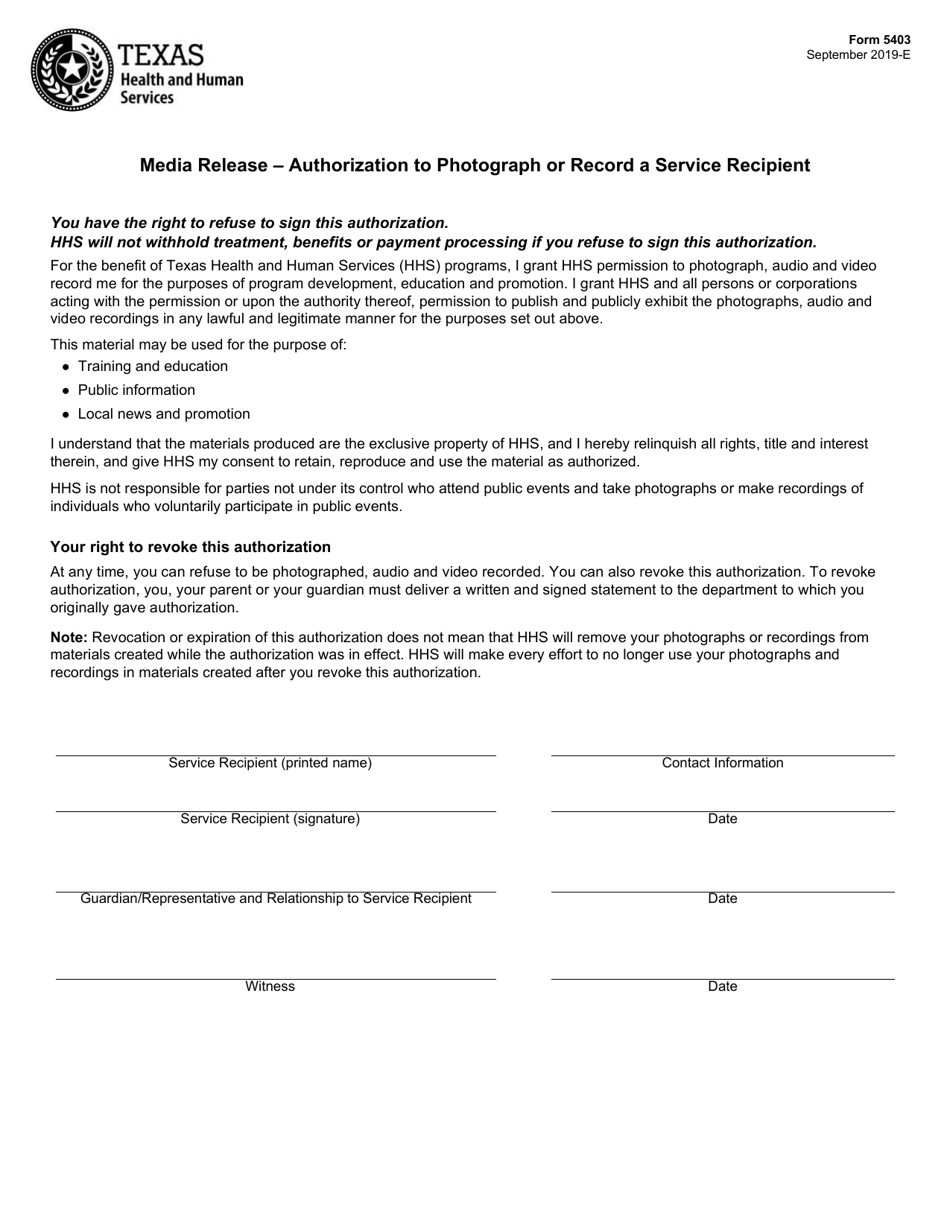 Form 5403 Media Release - Authorization to Photograph or Record a Service Recipient - Texas, Page 1