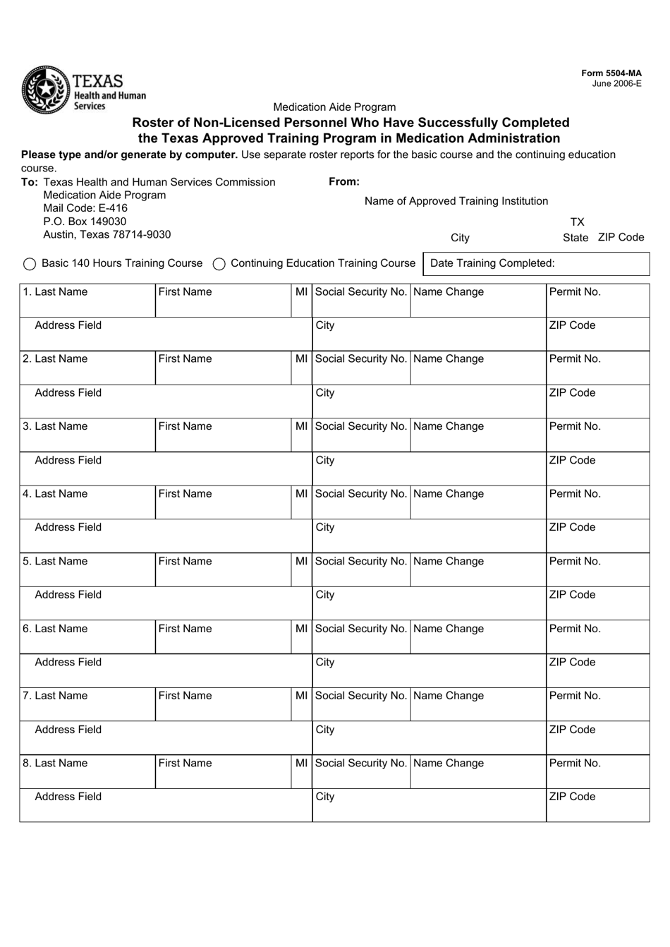 Form 5504-MA Roster of Non-licensed Personnel Who Have Successfully Completed the Texas Approved Training Program in Medication Administration - Texas, Page 1