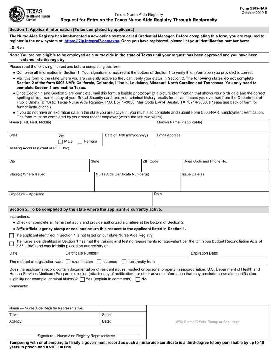 Form 5505-NAR Request for Entry on the Texas Nurse Aide Registry Through Reciprocity - Texas, Page 1