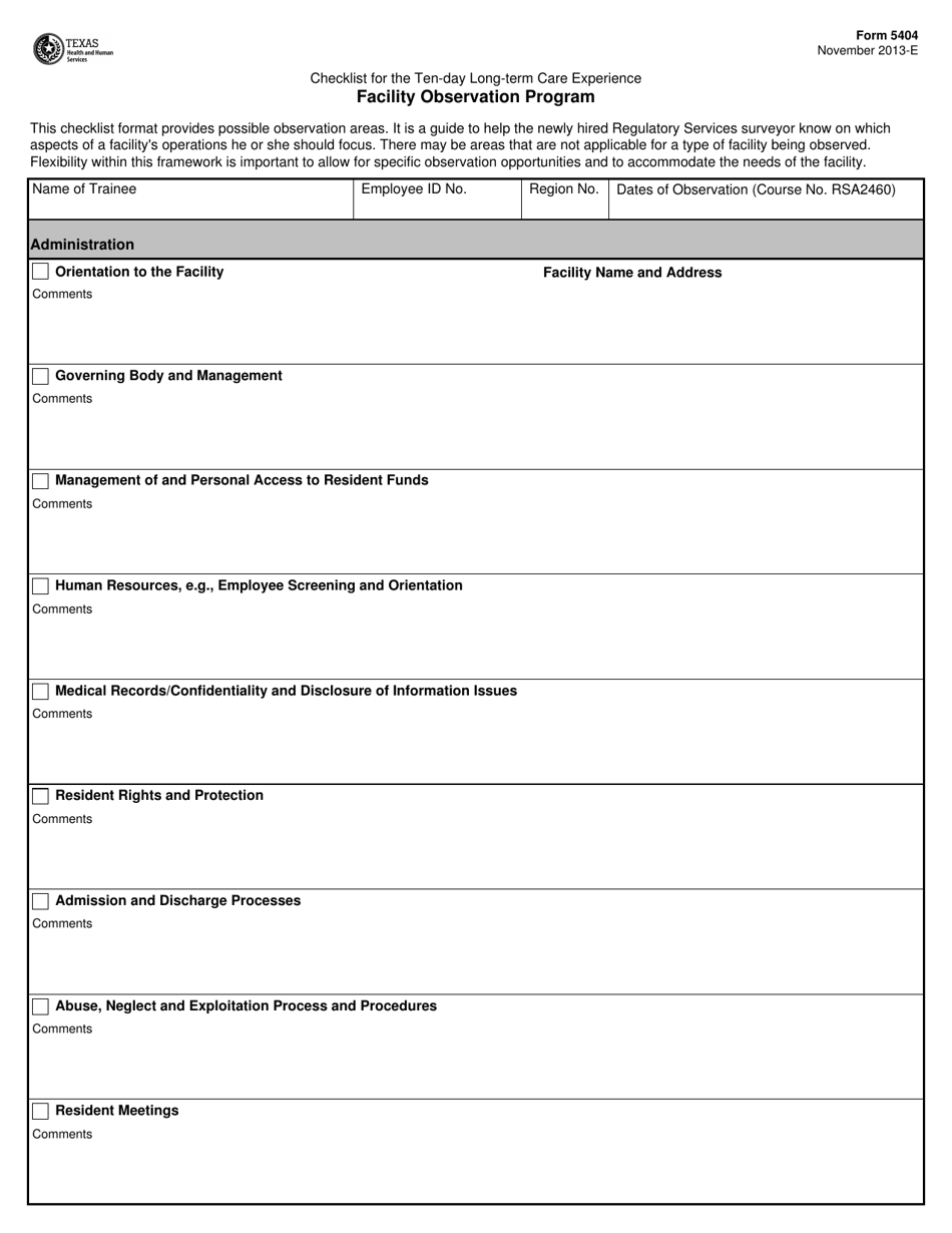 Form 5404 Checklist for the Ten-Day Long-Term Care Experience Facility Observation Program - Texas, Page 1