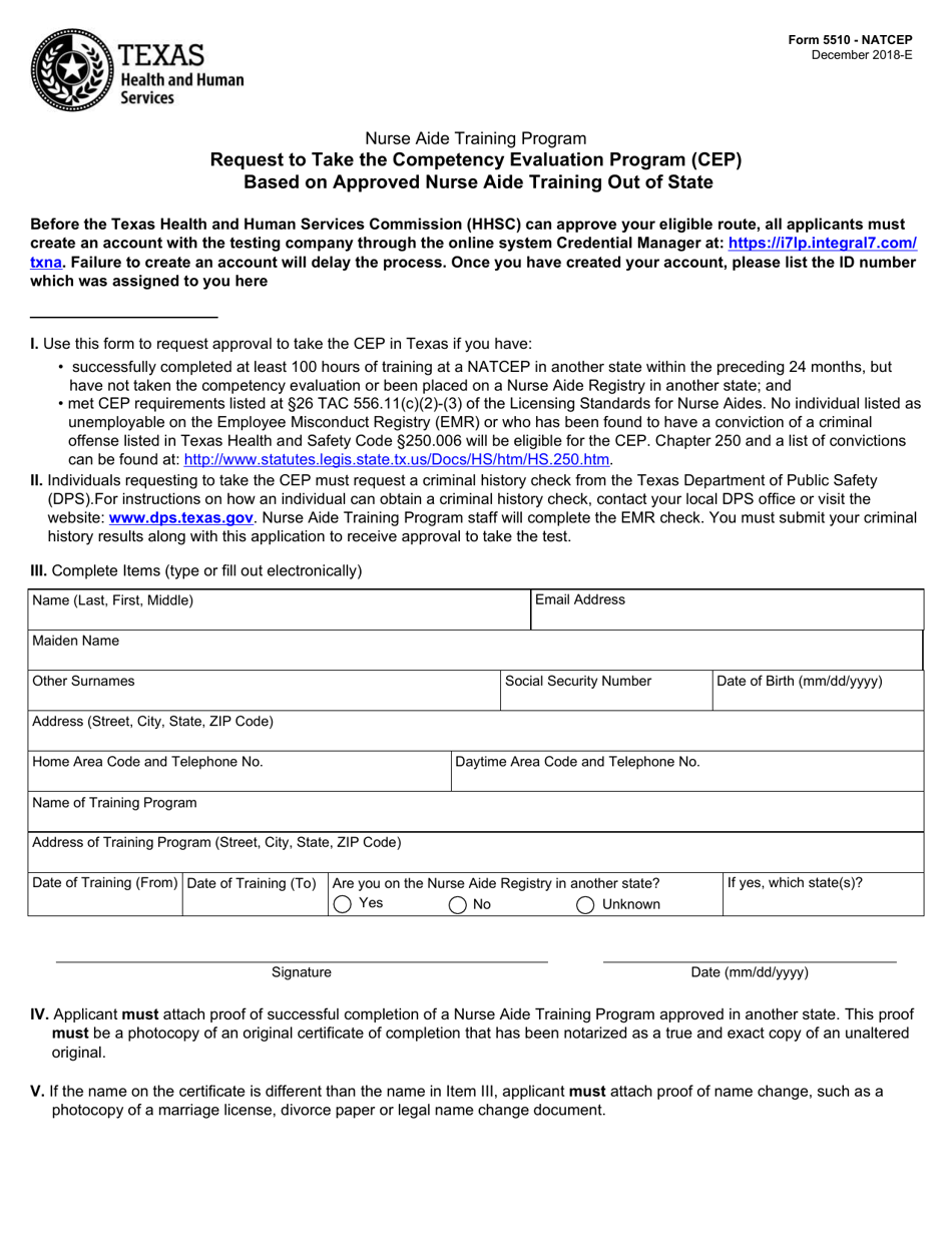 Form 5510-NATCEP Request to Take the Competency Evaluation Program (Cep) Based on Approved Nurse Aide Training out of State - Texas, Page 1