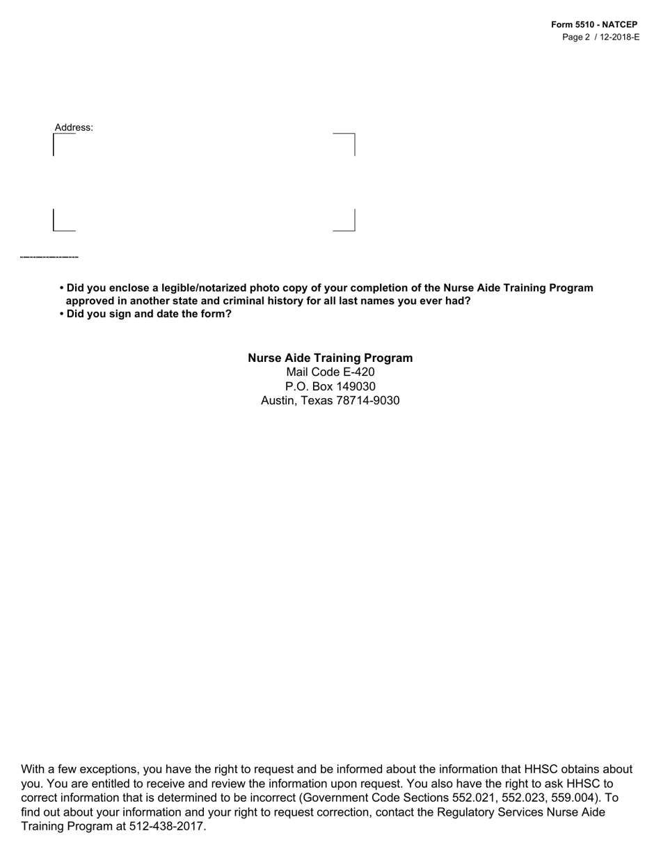 Form 5510-NATCEP Request to Take the Competency Evaluation Program (Cep) Based on Approved Nurse Aide Training out of State - Texas, Page 2