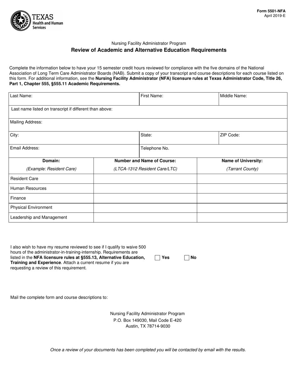Form 5501-NFA Review of Academic and Alternative Education Requirements - Texas, Page 1