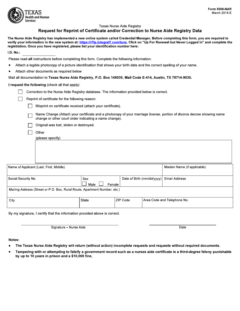 Form 5508-NAR Request for Reprint of Certificate and / or Correction to Nurse Aide Registry Data - Texas, Page 1