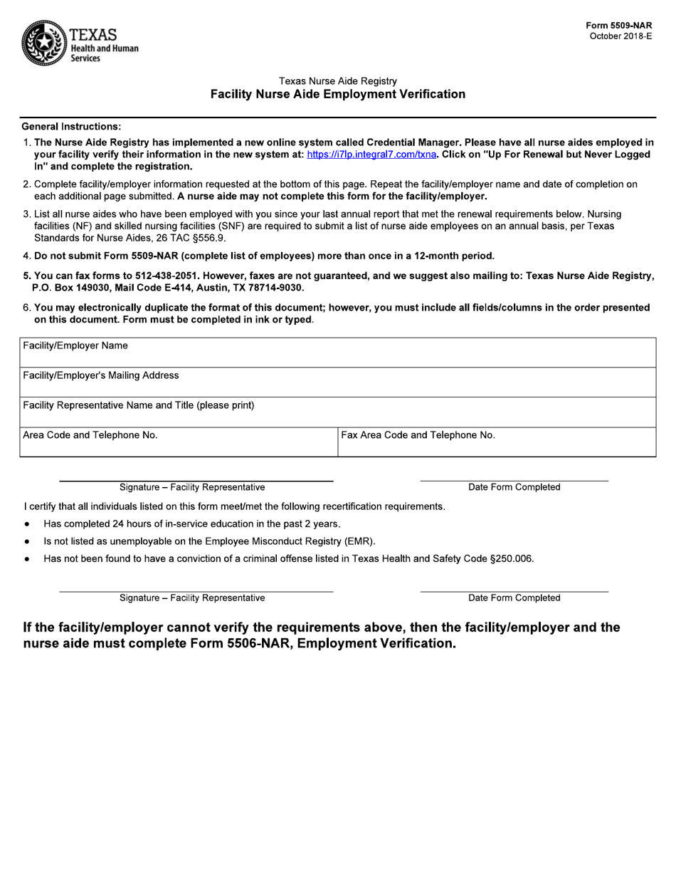 Form 5509-NAR Facility Nurse Aide Employment Verification - Texas, Page 1