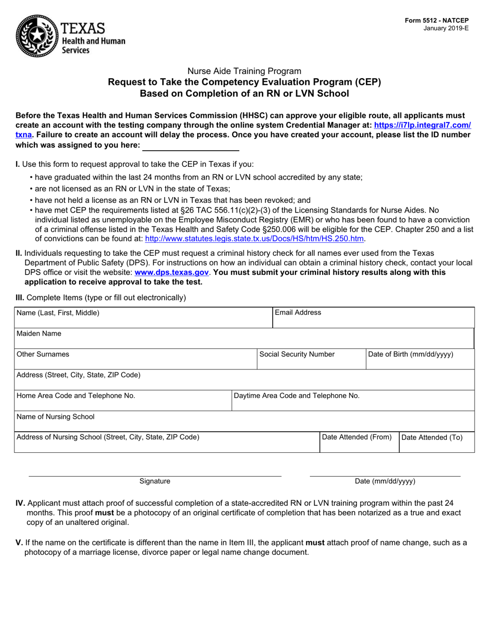 Form 5512-NATCEP Request to Take the Competency Evaluation Program (Cep) Based on Completion of an Rn or Lvn School - Texas, Page 1