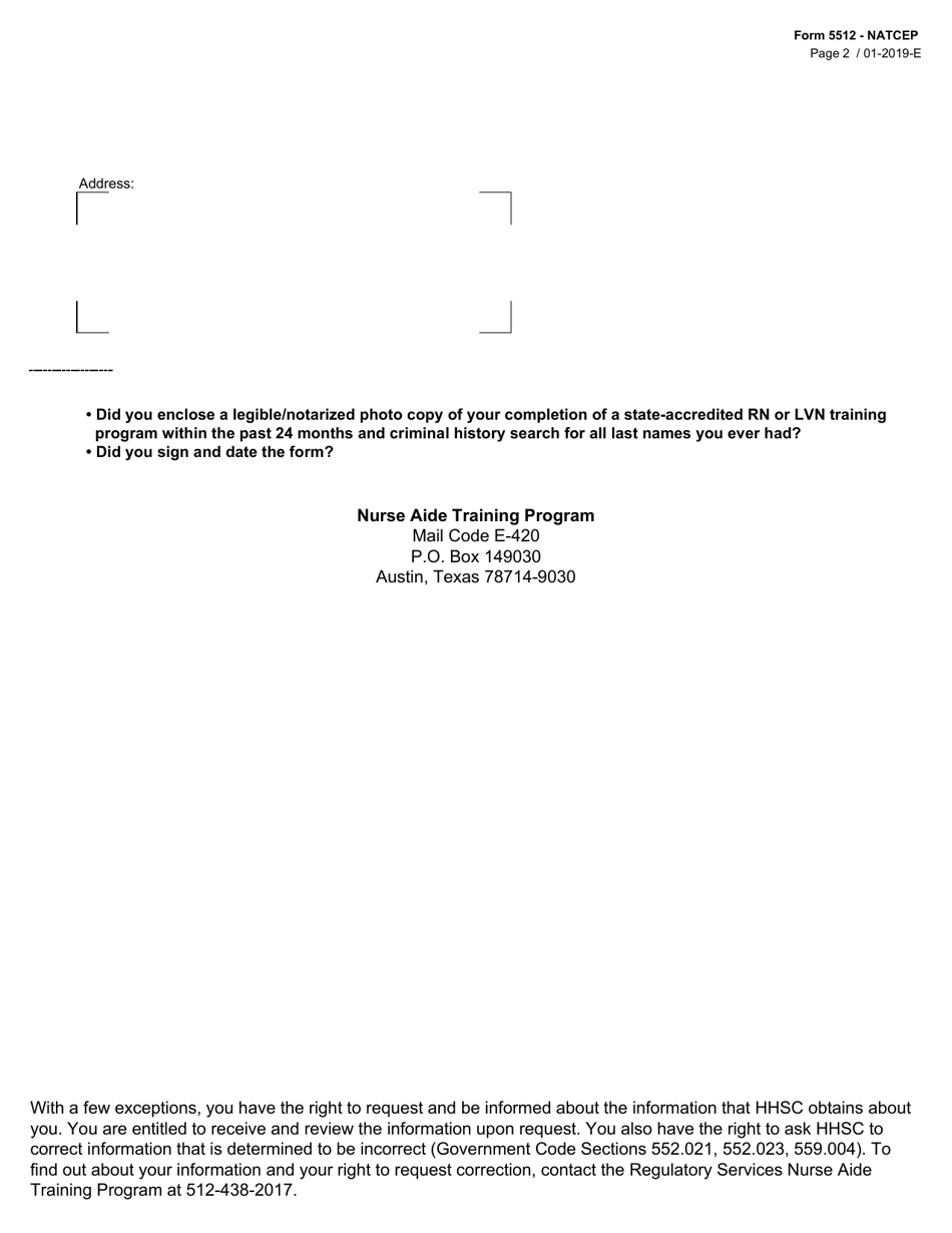 Form 5512-NATCEP Request to Take the Competency Evaluation Program (Cep) Based on Completion of an Rn or Lvn School - Texas, Page 2