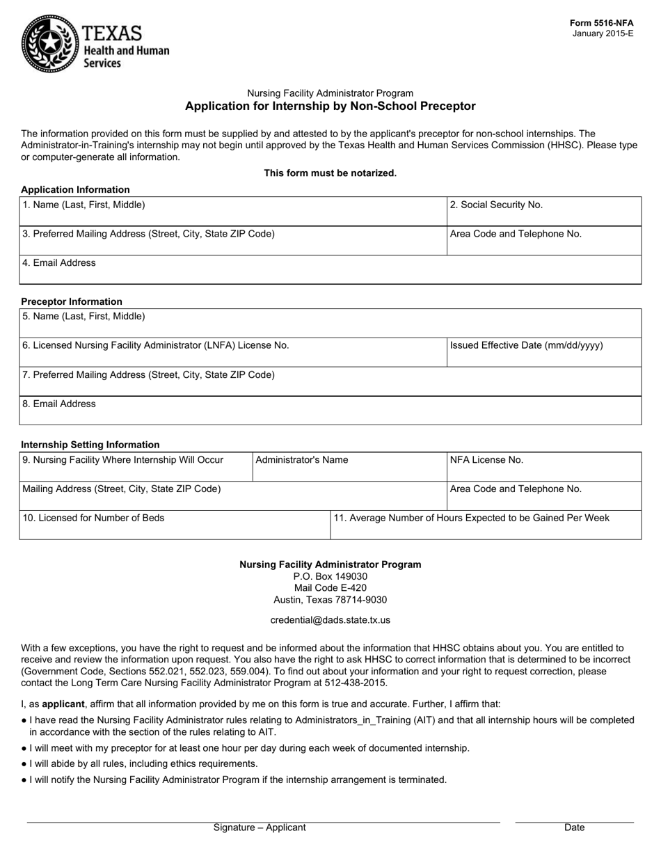 Form 5516-NFA Application for Internship by Non-school Preceptor - Texas, Page 1