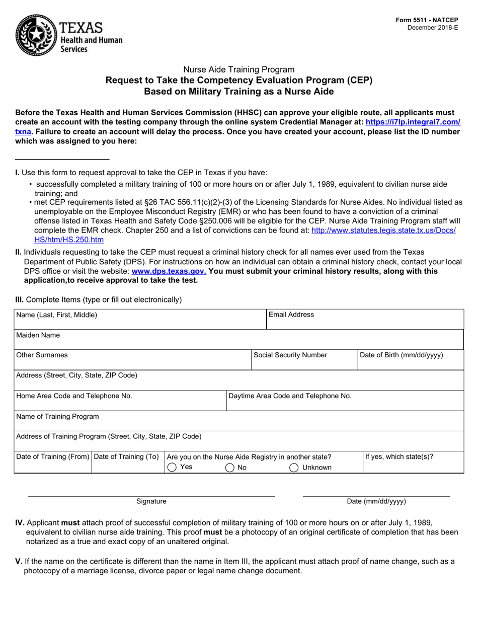 Form 5511-NATCEP Request to Take the Competency Evaluation Program (Cep) Based on Military Training as a Nurse Aide - Texas, Page 1