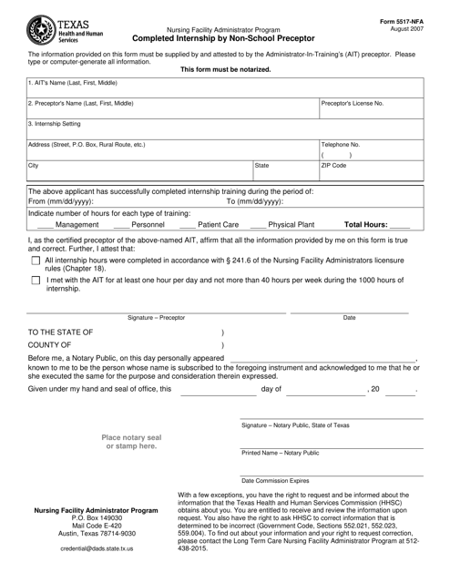 Form 5517-NFA Completed Internship by Non-school Preceptor - Texas